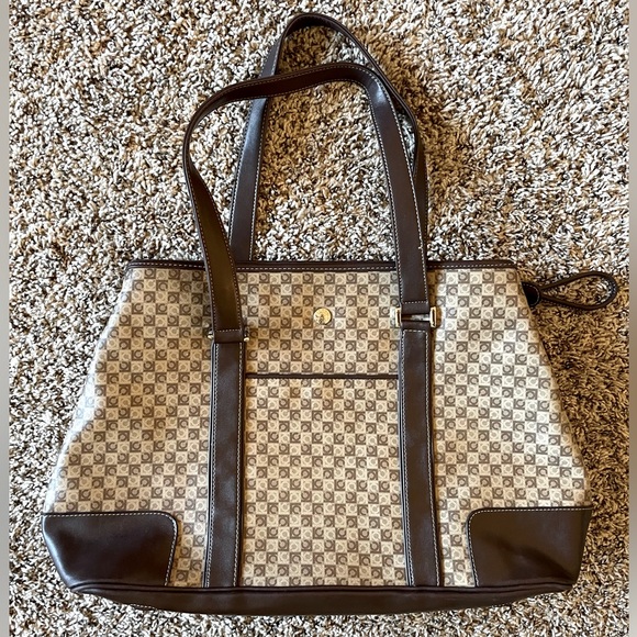 EUC Liz Claiborne Logo Pattern Bag Tote Large Purse Brown & Tan w/ Red Interior - Picture 1 of 14